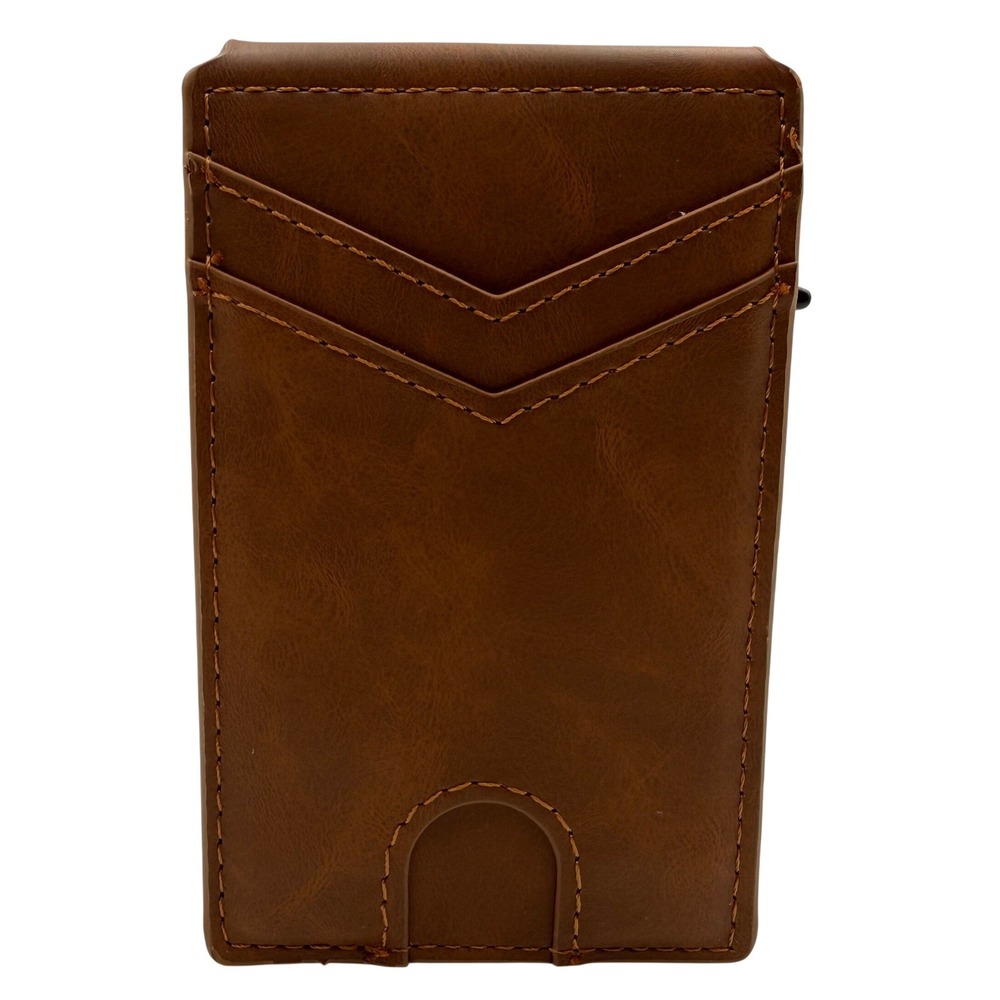 Brown Faux Leather Pop Up Credit Card Holder Minimalist Bifold Slider Wallet